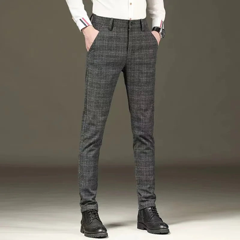 Black Grey Casual Plaid Straight Fit Trousers