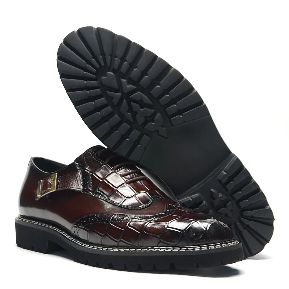 Leather Crocodile Print Wingtip Brogue Shoes