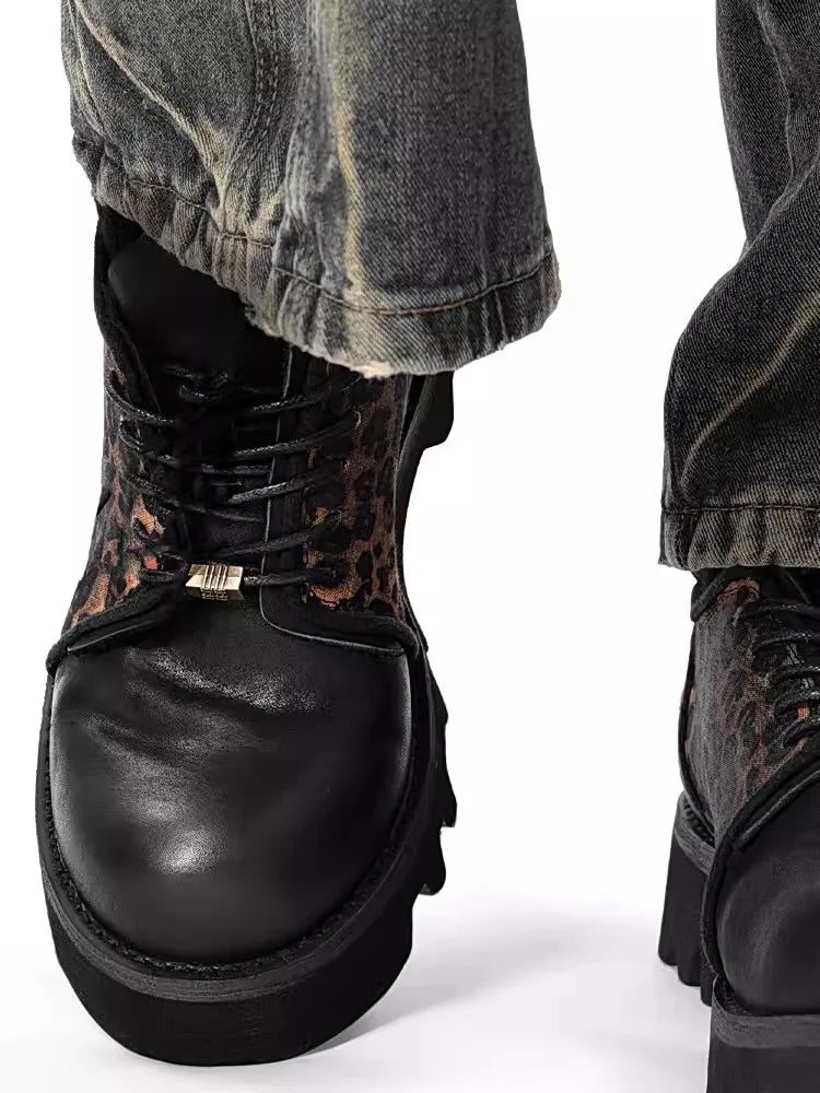 Cowhide Genuine Leather Spliced Leopard Shoes