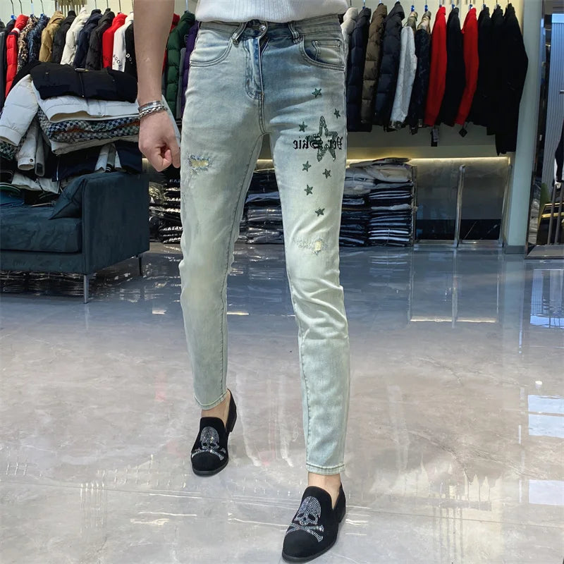 Light Blue Street Fashion Star Letter Jeans