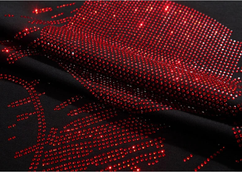 Red Rhinestones Cotton Skull T-Shirt