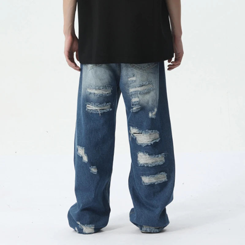Blue Denim Ripped Loose Decor Jeans