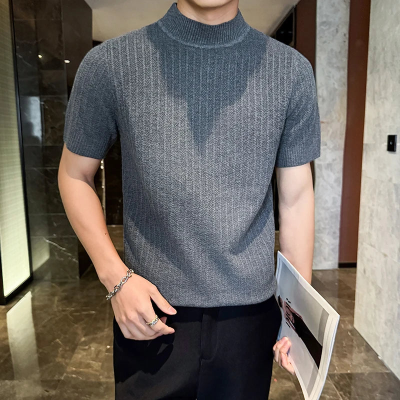 Stripe Textured Mock Neck T-Shirt