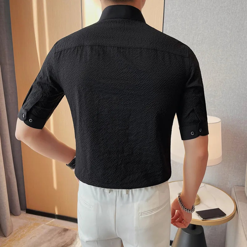 Subtle Sand Pattern Solid Color Stand Collar Shirt