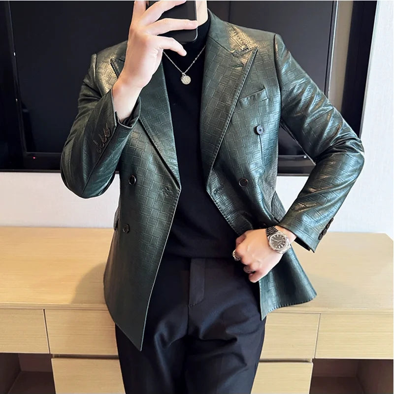 Square Grid Double Breasted Leather Blazer
