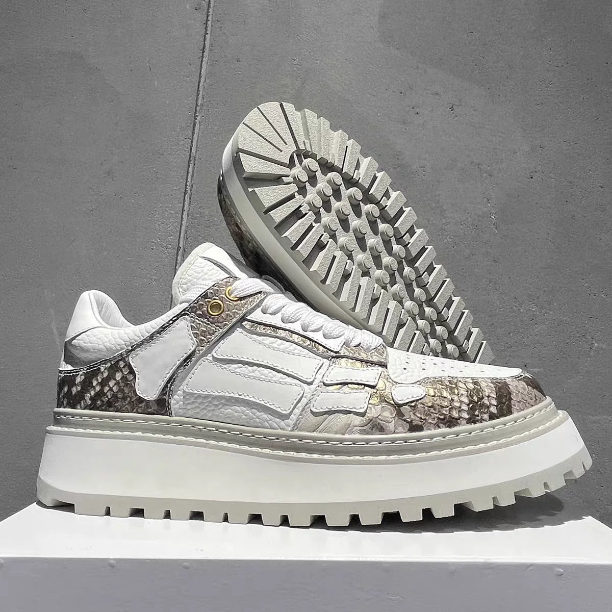 White Patchwork Genuine Leather Casual Sneakers