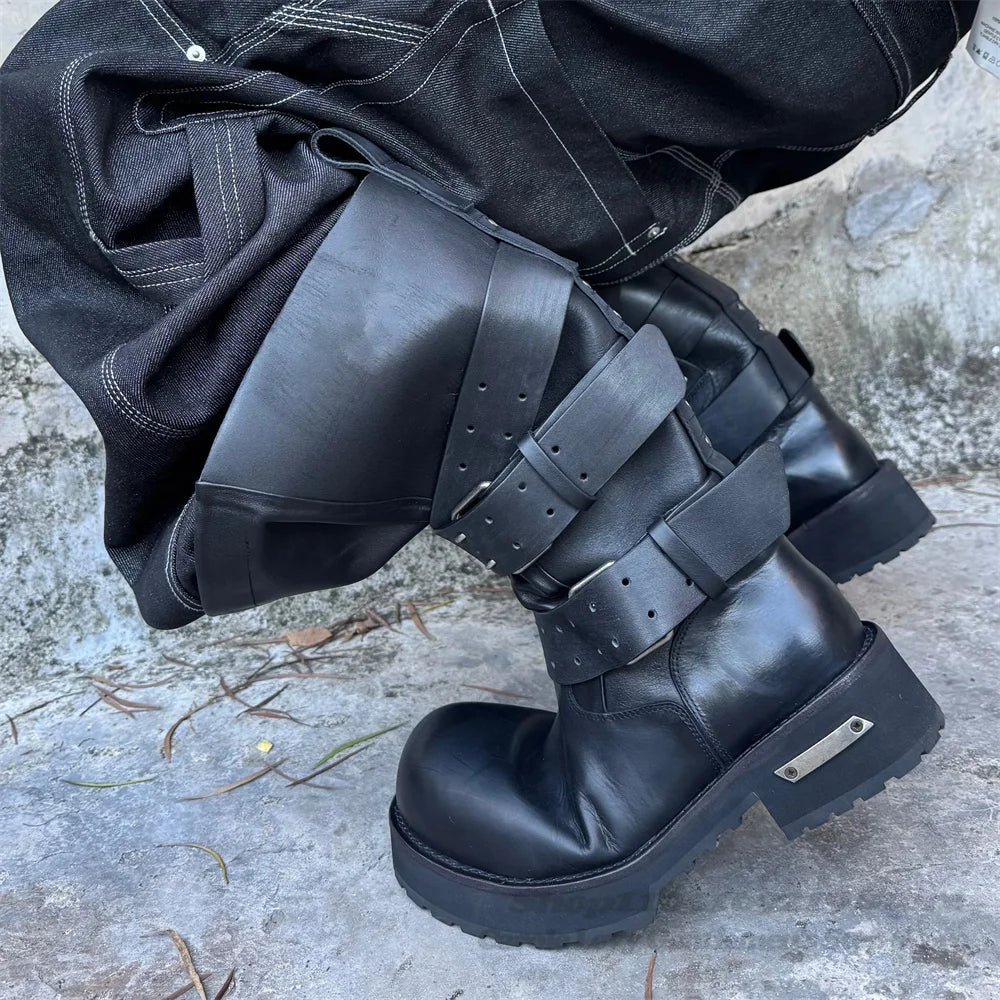 Big Round Toe Belt Buckle Motorcycle Boots