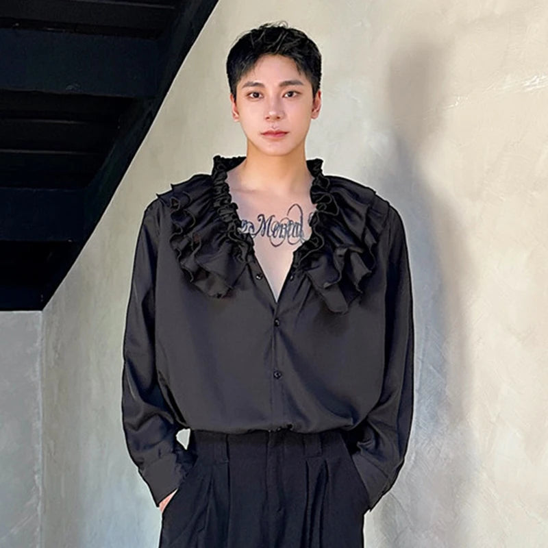 Solid Ruffled Collar Loose Shirt