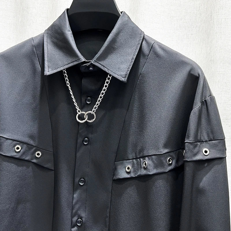 Solid Chain O-Rivet Decor Cotton Shirt
