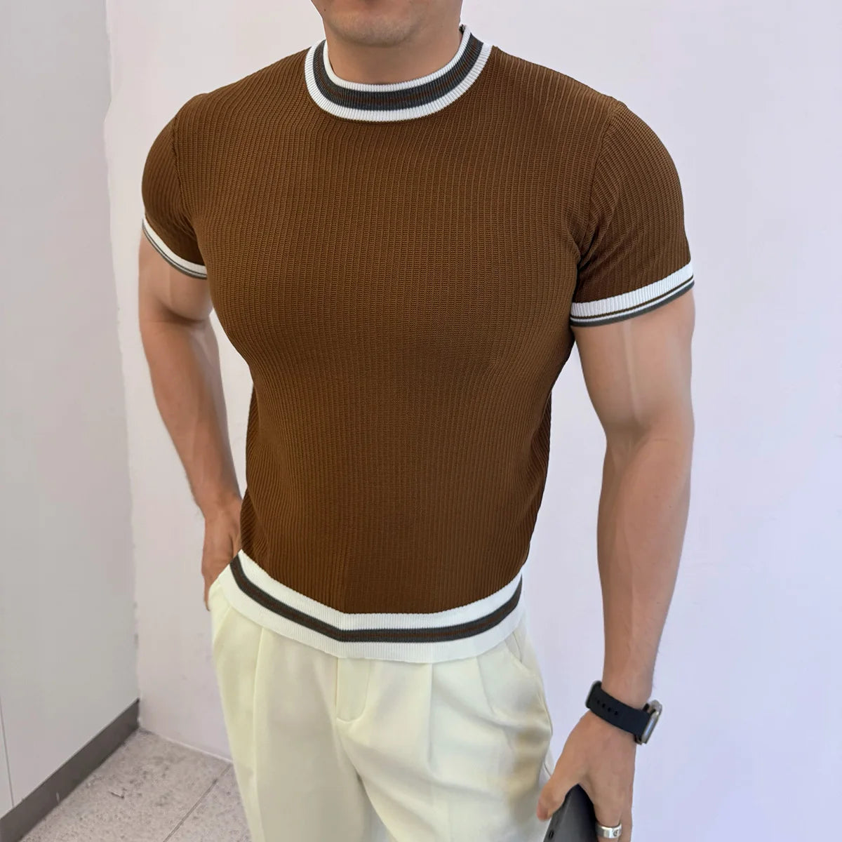 Line Round Neck Casual Pullover T-Shirt