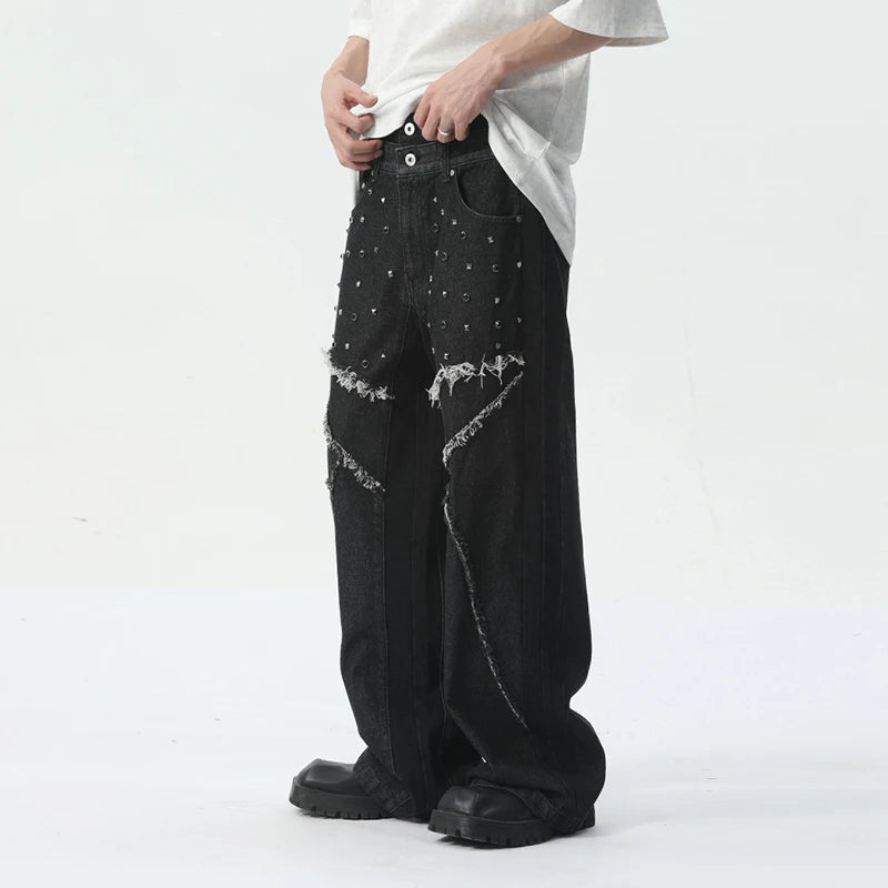 Rivet Patchwork Fringe Loose Jeans