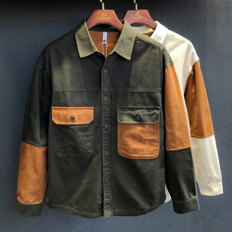Retro Splicing Contrast Work Shirt