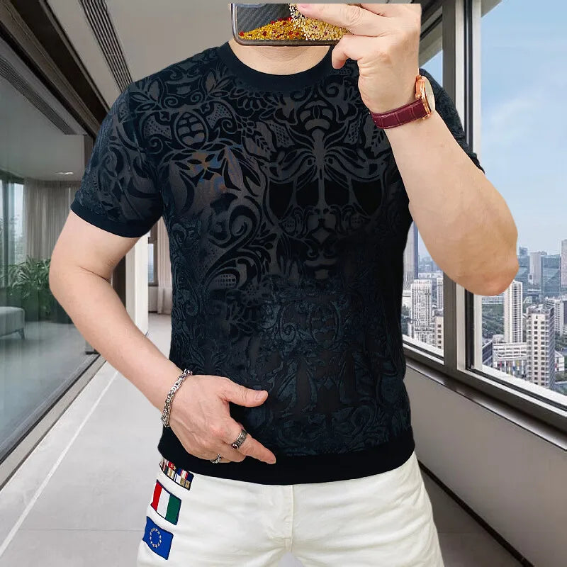 Sexy Mesh Flocking Perspective T-Shirt