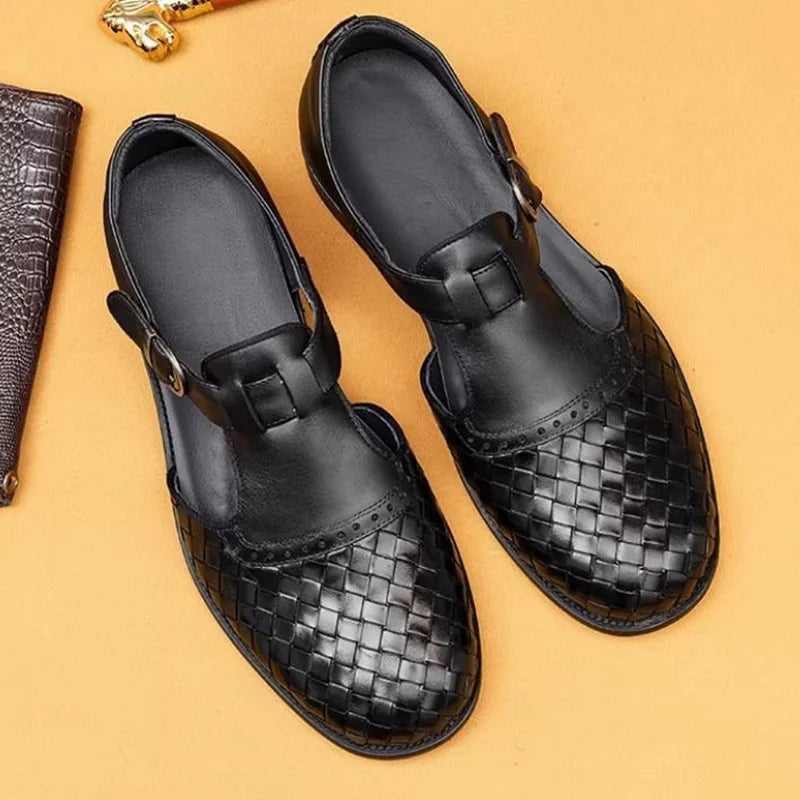 Retro Woven Pattern Leather Shoes