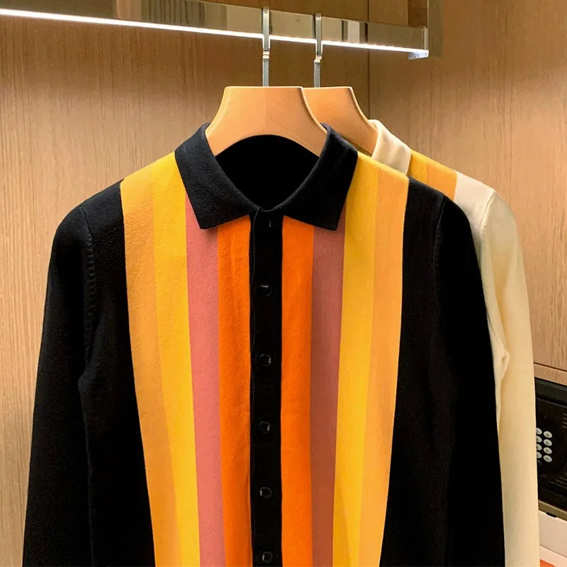 Vertical Stripe Button Knitted Cardigan
