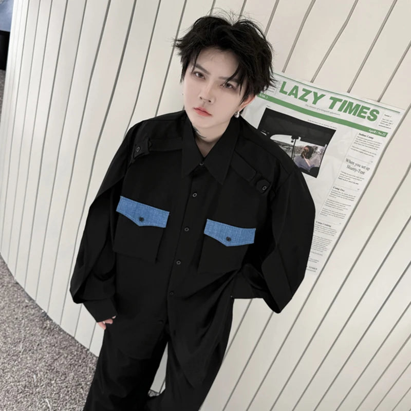 Black Patchwork Pockets Long-Sleeved Shirt