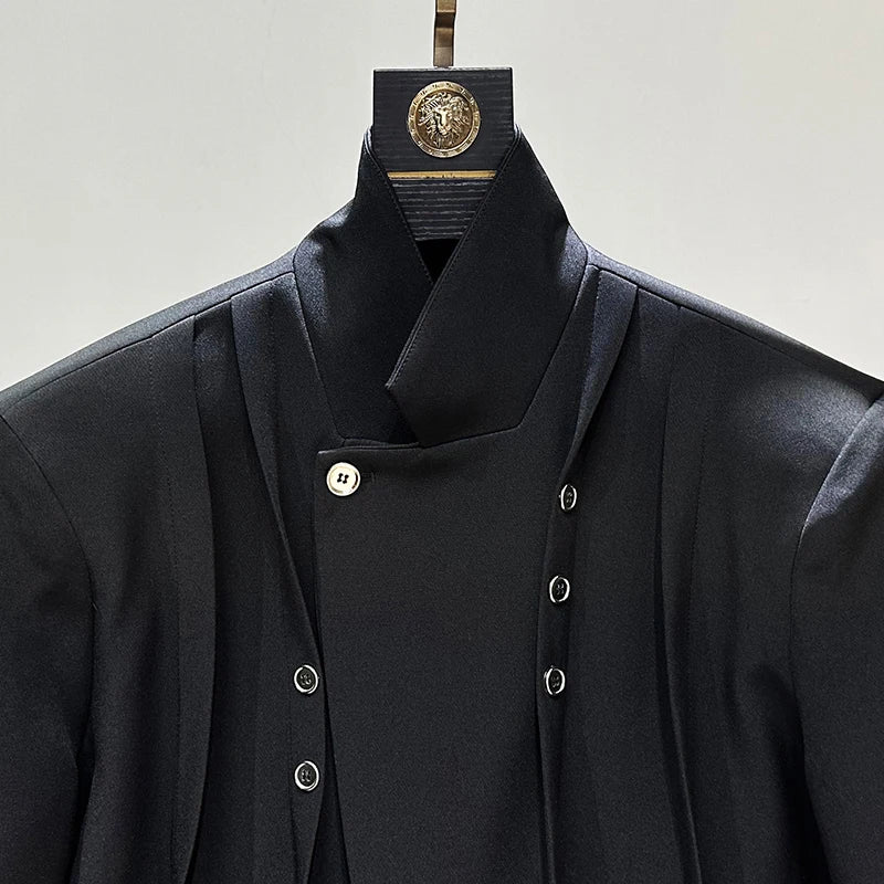 Buttons Stand Collar Padded Shoulder Blazer