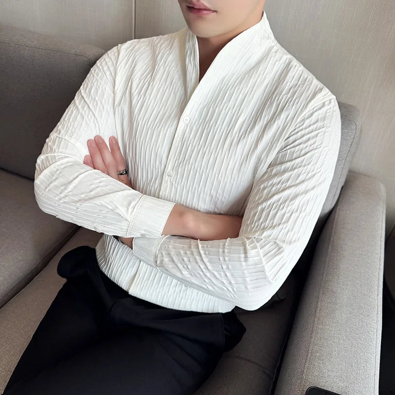 Textured Mandarin Collar Dress Shirt