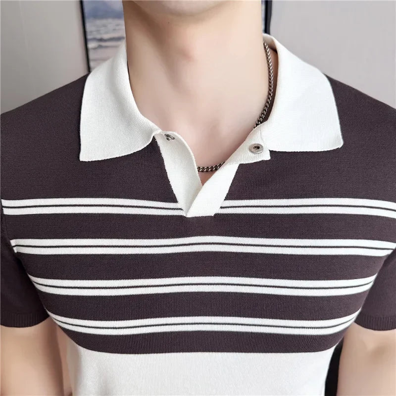 Spliced Knitted Striped Casual Polo Shirt