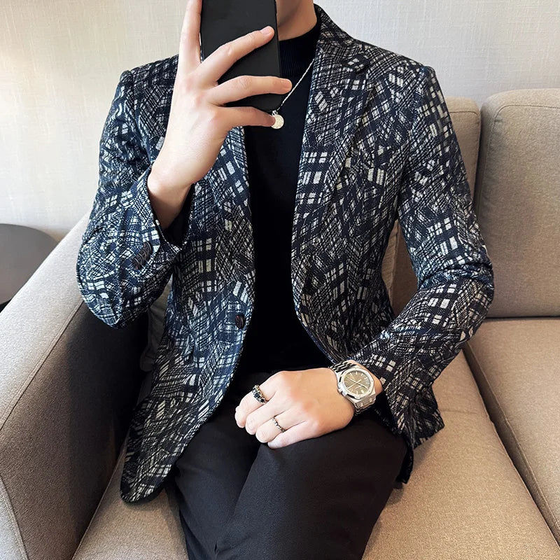 Geometric Grid Pattern Men's Blazer