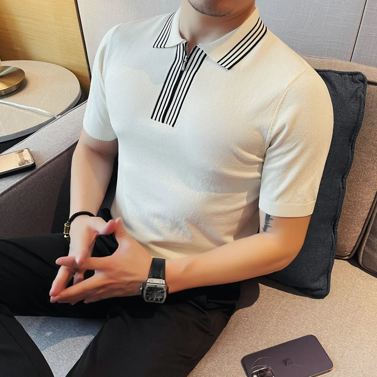 Striped Lapel Slim-Fit Men Polo Shirt
