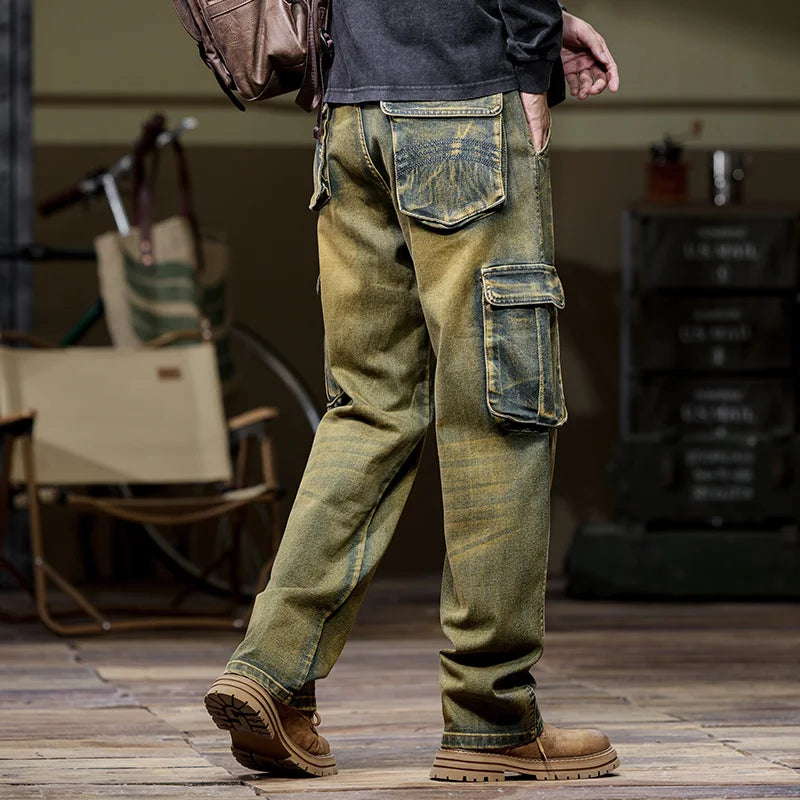 Washed Multi-Pocket Cargo Straight Jeans