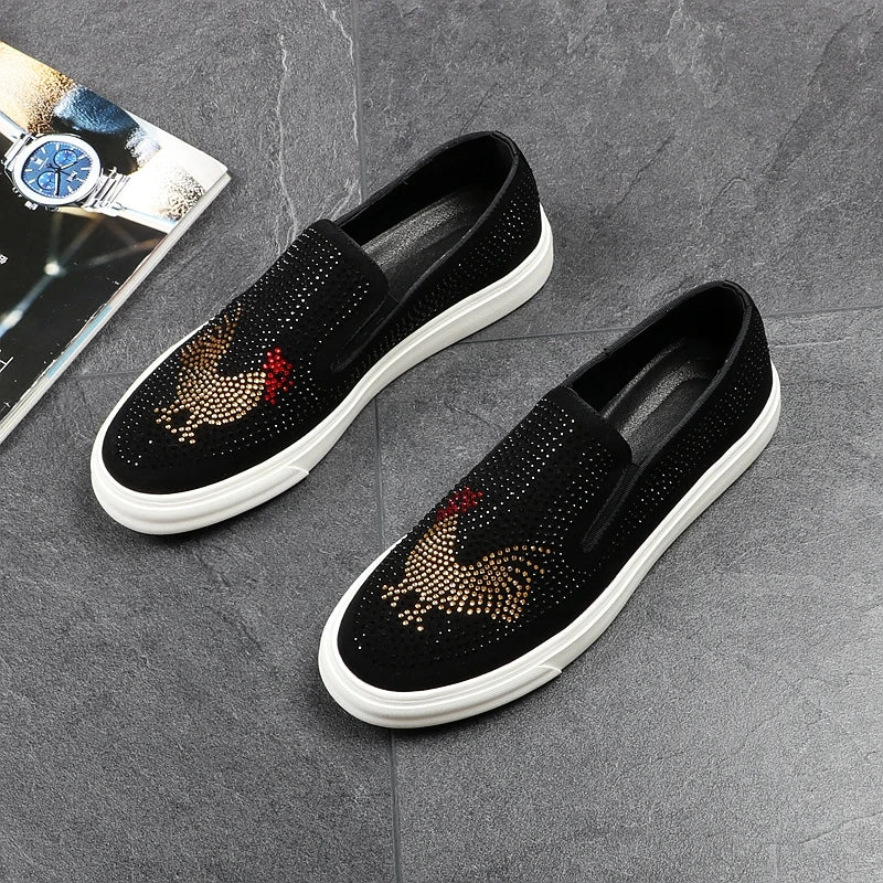 Chicken Rhinestone Pattern Black Loafers