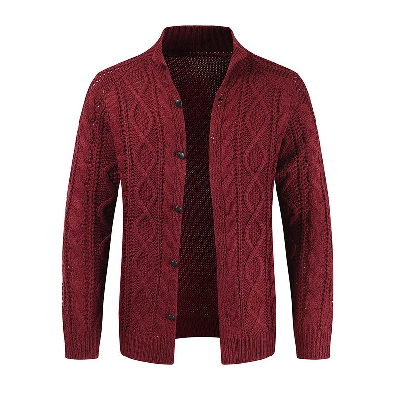 Solid Fitted Cable-knit Stand Collar Cardigan