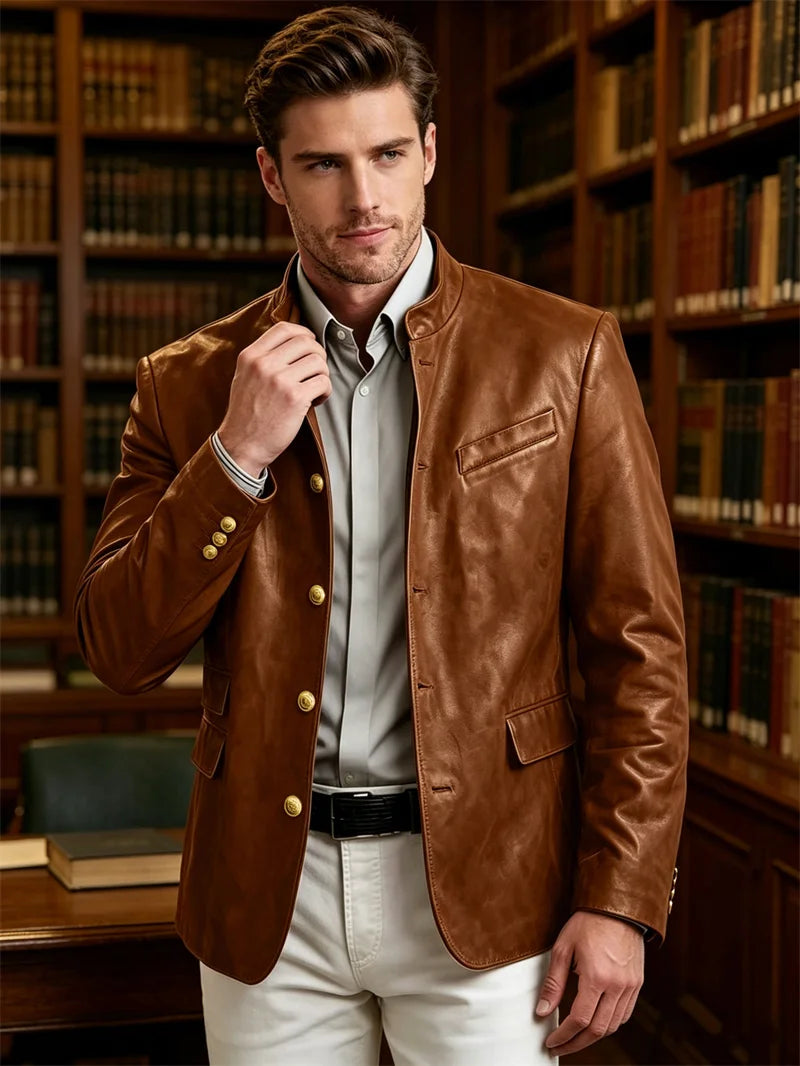 Golden Metal Buttons Leather Jacket