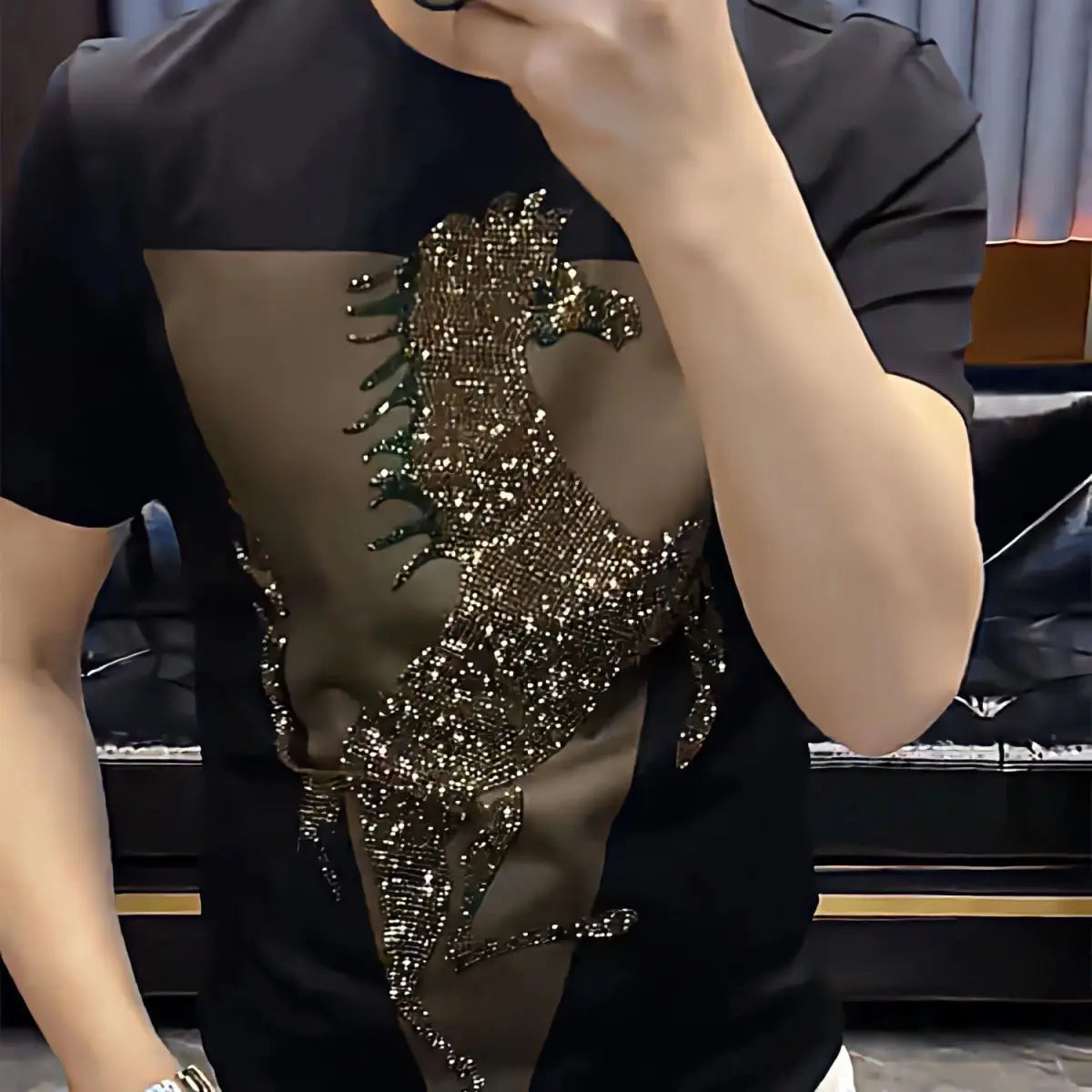 Black Horse Pattern with Rhinestone T-Shirt