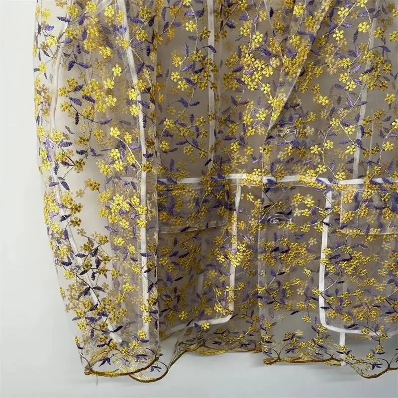 Yellow Purple Floral Embroidered Sheer Blazer