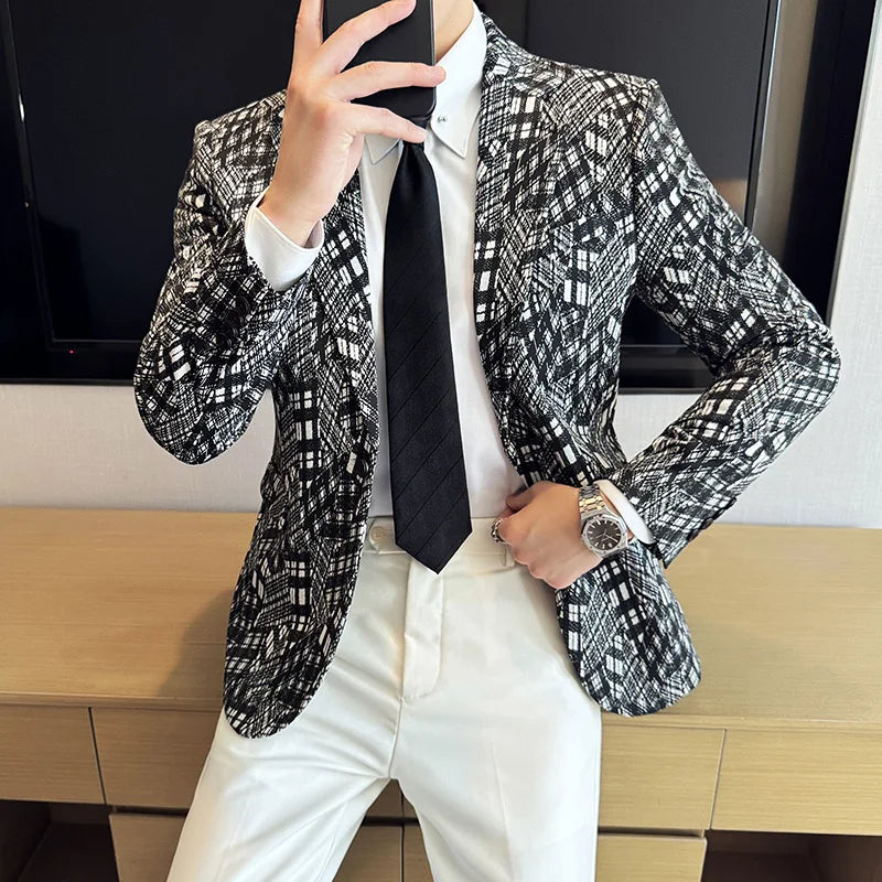 Geometric Grid Polyester Men's Blazer