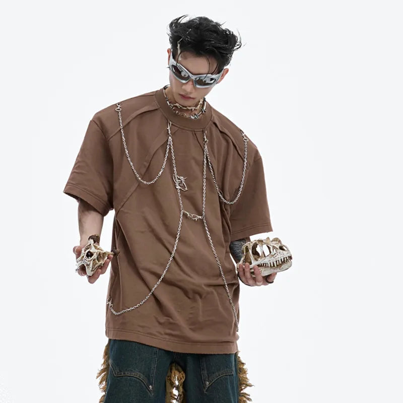 Patchwork Metal Chain O-Neck T-Shirt