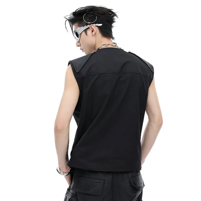 Black Spliced PU Leather Vest