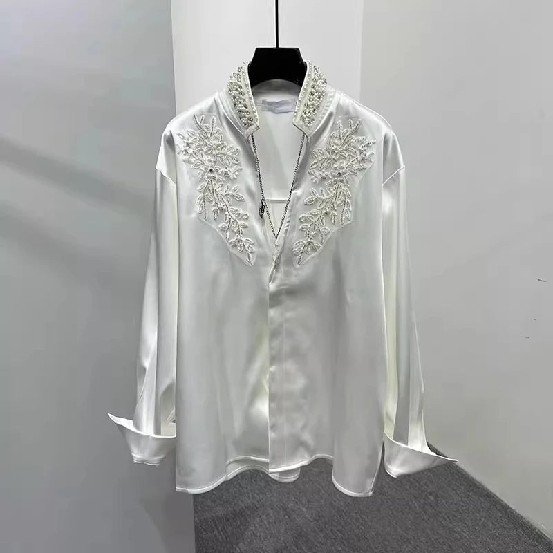 Solid Patchwork Rhinestone V-neck Shirts