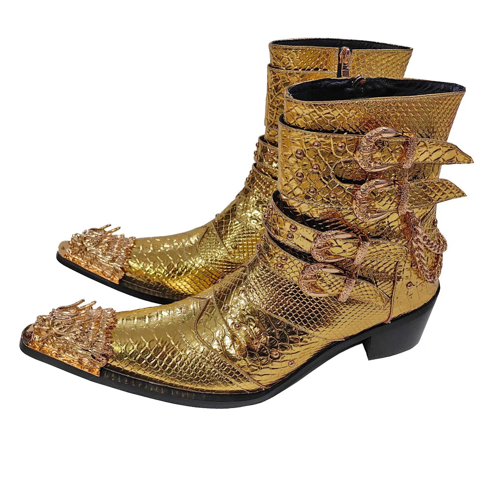 Golden Dragon-Toe Buckled Snakeskin Dress Boots