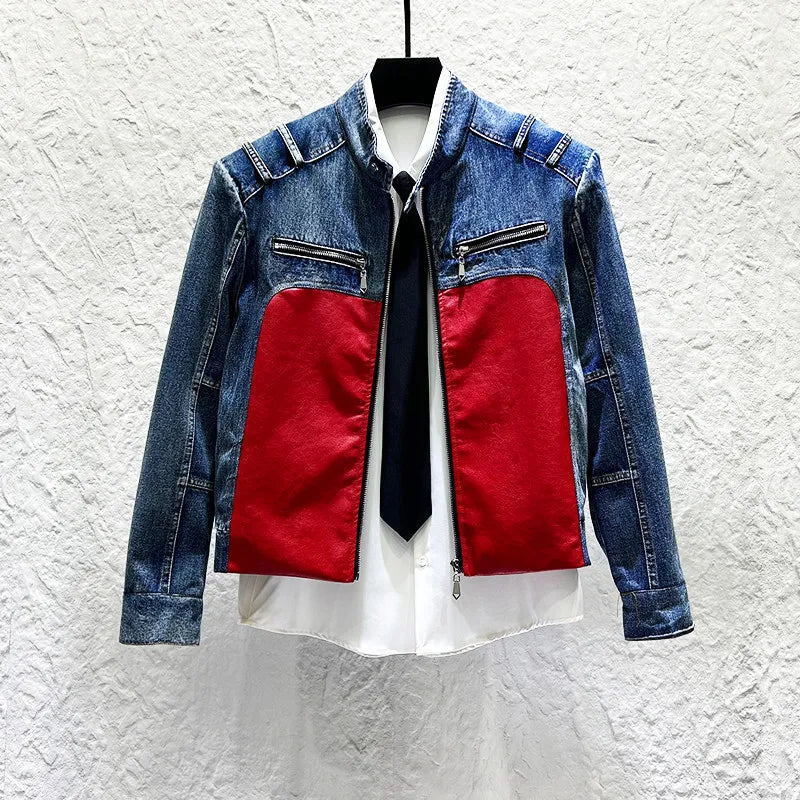 Patchwork Spliced Denim Motor Jacket