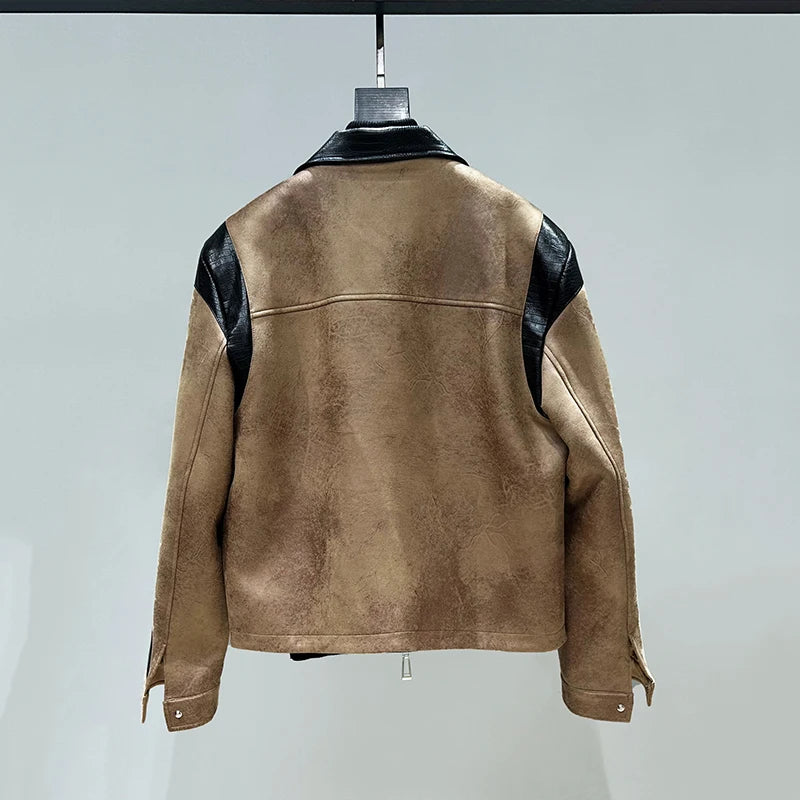 Patchwork Color-Block Lapel Suede Jacket