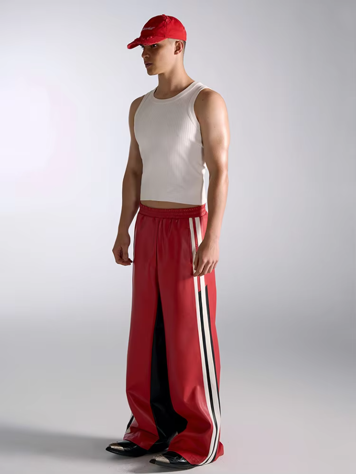 Loose Casual Red Faux Leather Pants