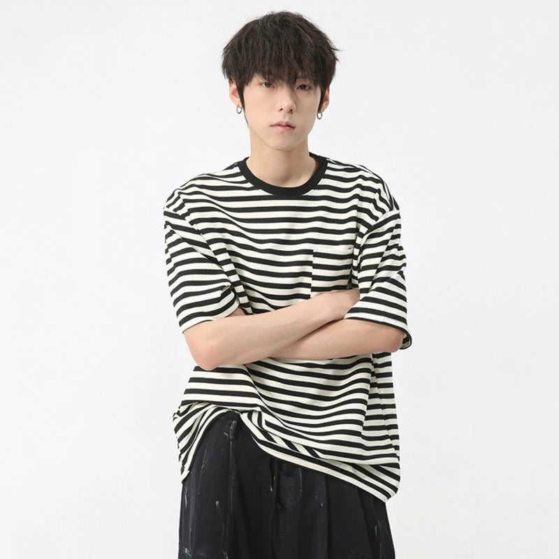 Stripes Pocket Design Loose T-Shirt