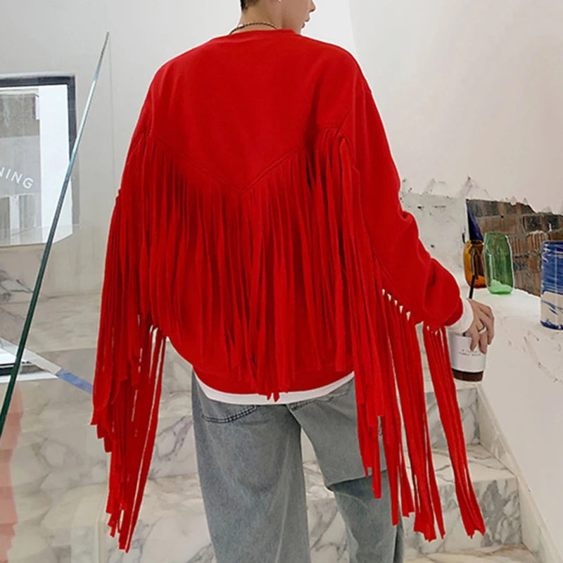 Solid Tassel Round Neck Loose Sweater