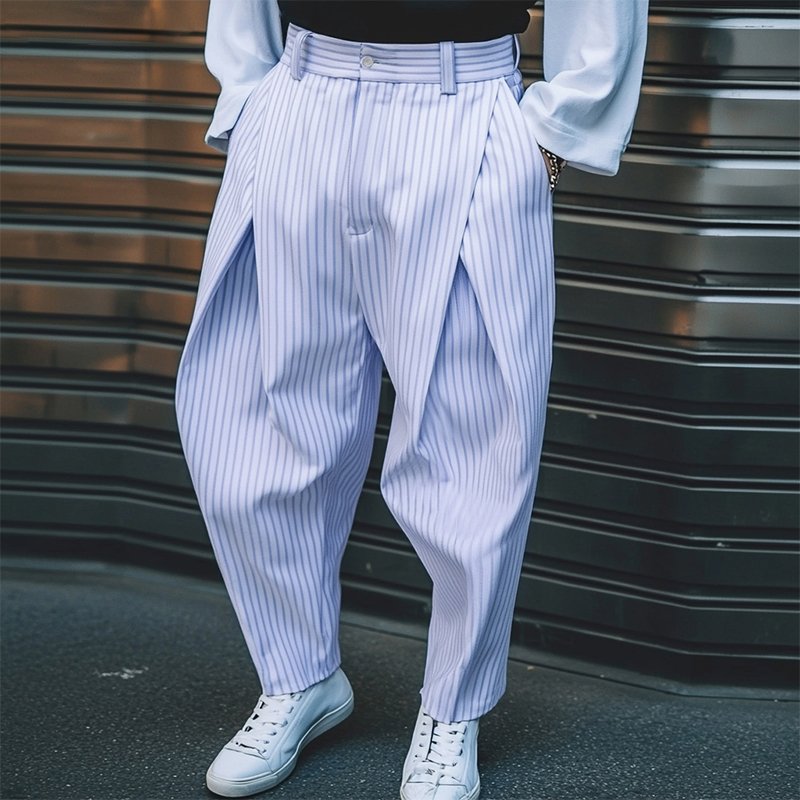 Striped Button Pleated Oversized Pants