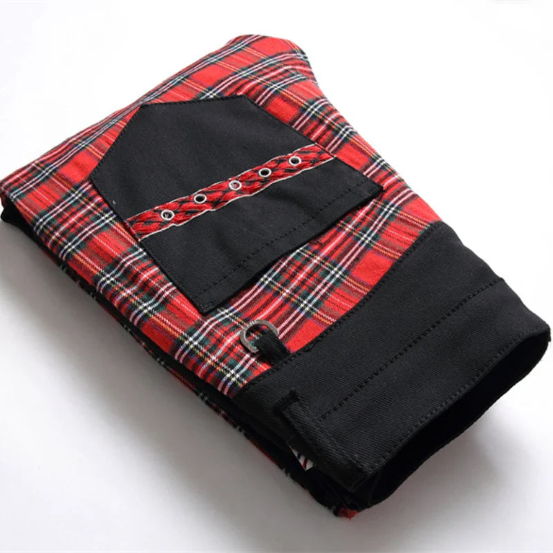 Red Plaid Patchwork Punk Zipper Jeans