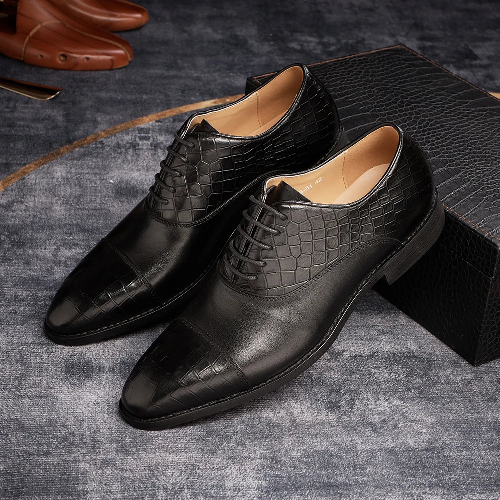 Crocodile Pattern Lace-Up Genuine Leather Shoes