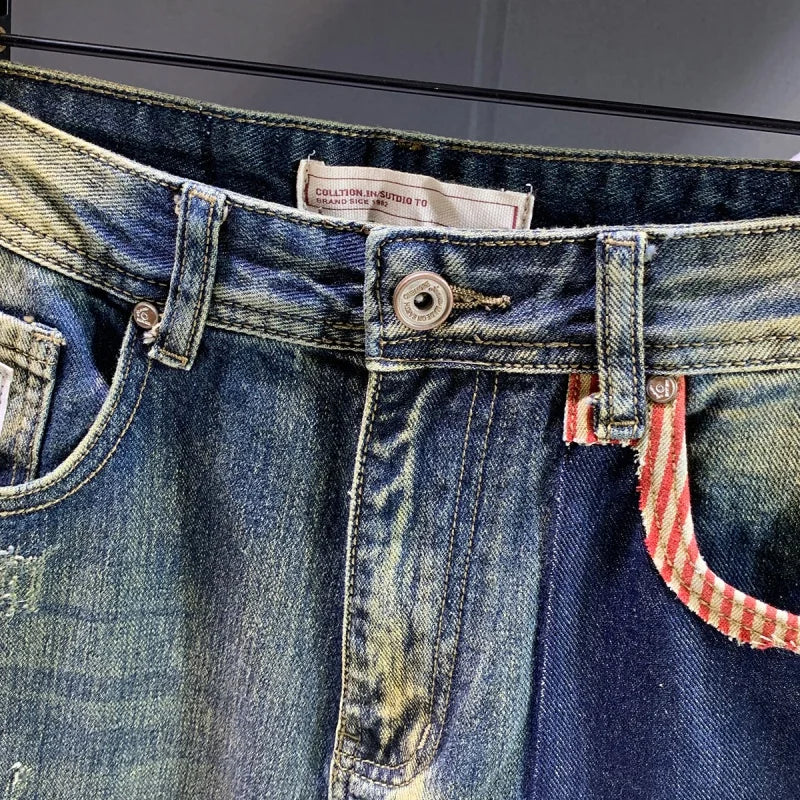 Retro Fashion Stitching Baggy Jeans