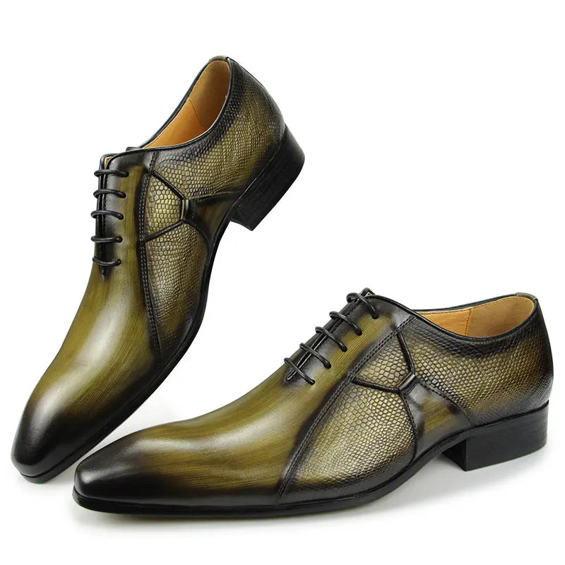 Green Pointed Toe Leather Oxford Shoes
