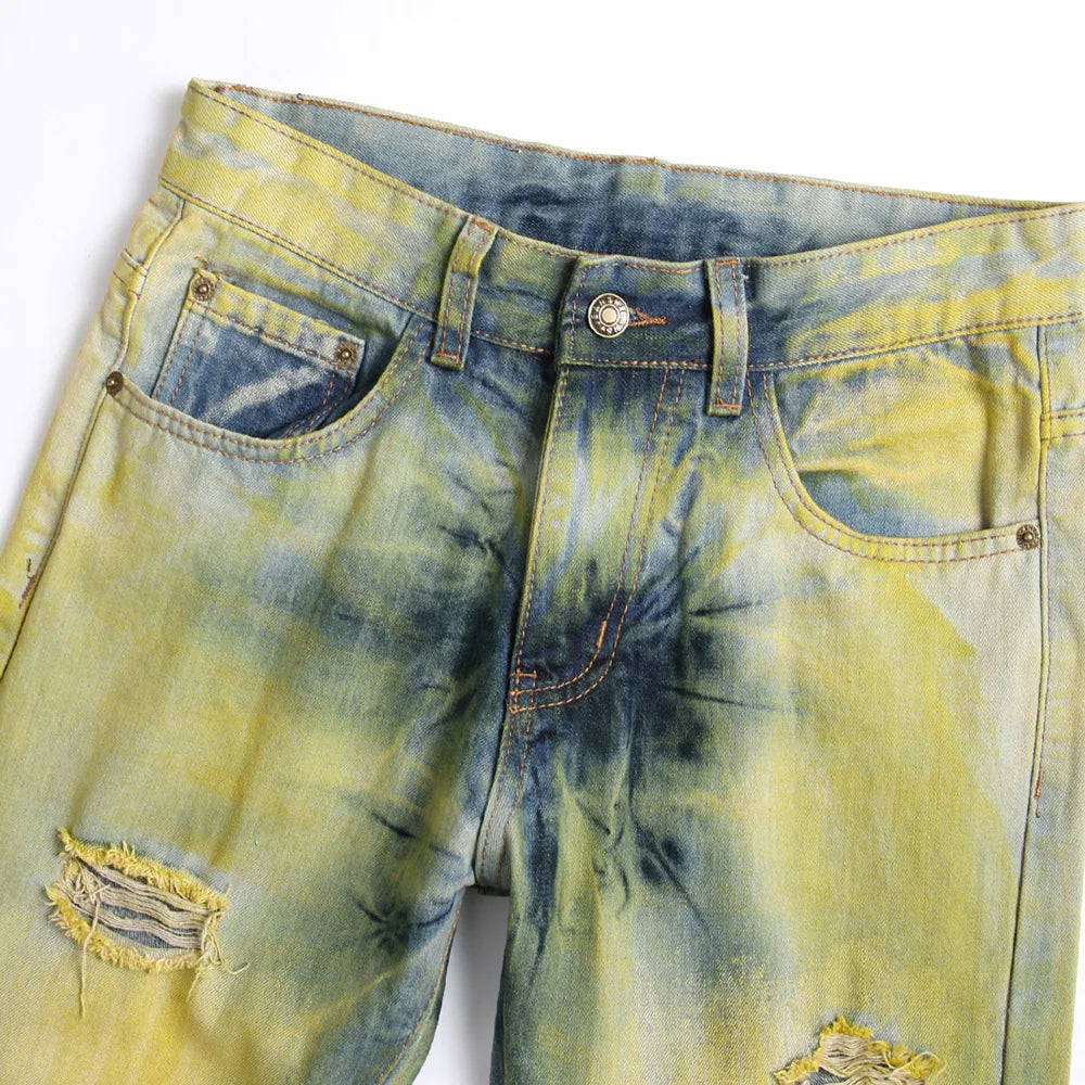 Vintage Tie Dyed Ripped Stretch Jeans