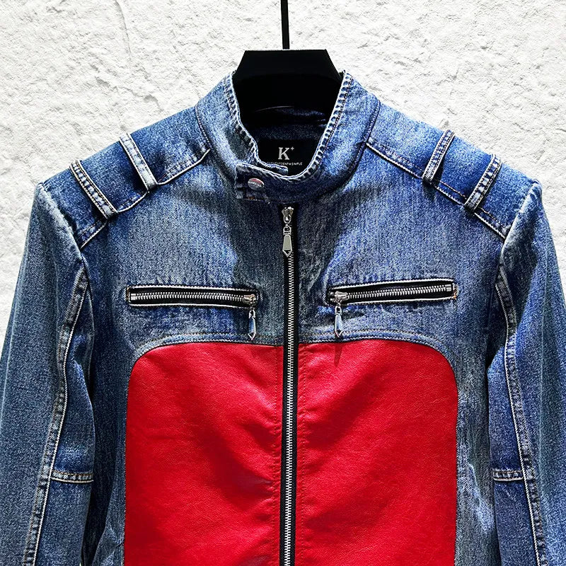 Patchwork Spliced Denim Motor Jacket