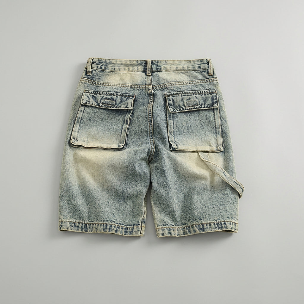 Street Style Washed Cargo Denim Shorts