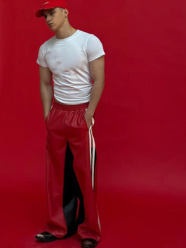 Loose Casual Red Faux Leather Pants